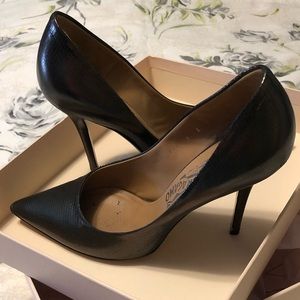 Ferragamo women’s snakeskin silver heels